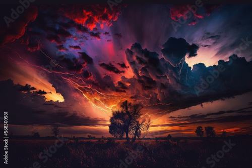 dramatic, ominous view of a sunset that is bright and saturated with numerous dark clouds. Generative AI