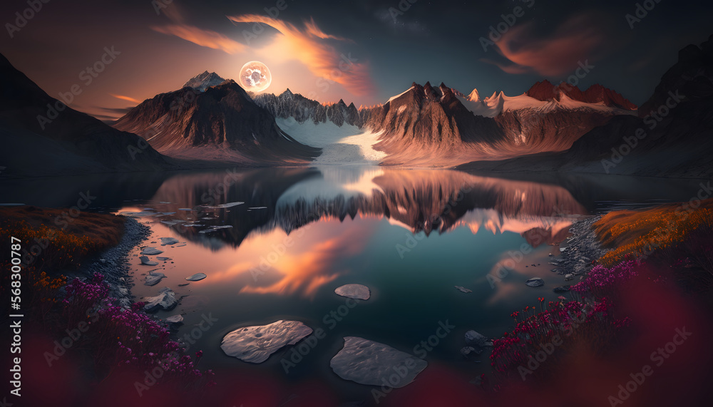 glacier mountain landscape with flowers and lake in beautiful sunset with full moon