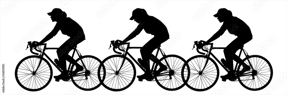 Obraz premium A woman with a hat on her head, and a girl in a cap, sit astride a bicycle. A group of cyclists on bikes. Bicycle. Ride a bicycle. Side view, profile. Three black female silhouettes isolated on white