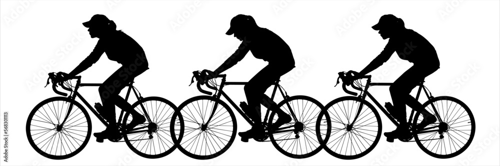 Fototapeta premium A woman with a hat on her head, and a girl in a cap, sit astride a bicycle. A group of cyclists on bikes. Bicycle. Ride a bicycle. Side view, profile. Three black female silhouettes isolated on white