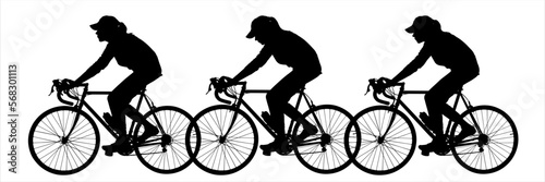 A woman with a hat on her head, and a girl in a cap, sit astride a bicycle. A group of cyclists on bikes. Bicycle. Ride a bicycle. Side view, profile. Three black female silhouettes isolated on white