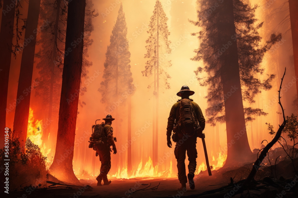 As a result of climate change and global warming, firefighters collaborate to fight wildfires. Generative AI