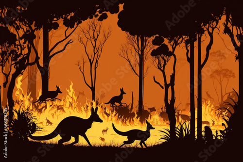 Australian Forest Bushfire Many kangaroos and other animals running away from danger while evacuating  silhouette ruined. Generative AI