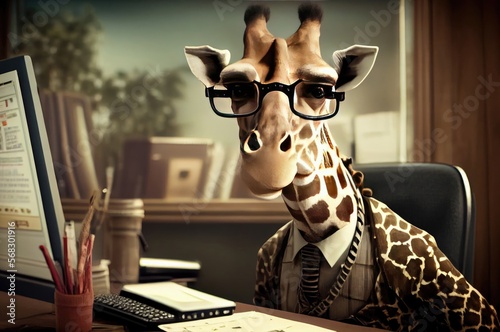 Giraffe Businessman In An Office Setting Generative AI © Johnathan