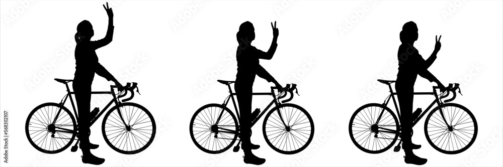 The women hold a bicycle with one hand, and show a victory sign. Side view, profile. Black silhouette isolated on white. The girls stand near the bike, their hands show the gesture of The women hold a bicycle with one hand, and show a victory sign. Side view, profile. Black silhouette isolated on white. The girls stand near the bike, their hands show the gesture of