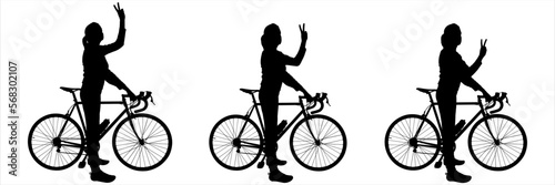 The women hold a bicycle with one hand, and show a victory sign. Side view, profile. Black silhouette isolated on white. The girls stand near the bike, their hands show the gesture of "peace".