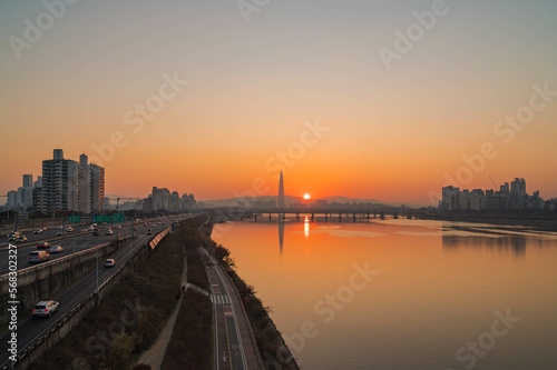 Panoramic view of sunrise at han river Seoul City, South Korea.