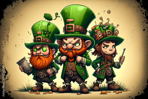 three Irish friends in green hats with mugs of green beer celebrate St. Patrick's Day. Cartoon style. Generative AI photo