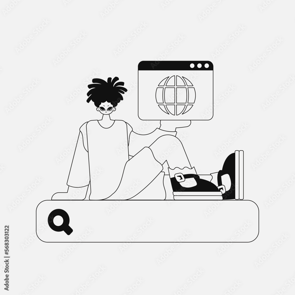 A unique man is holding a browser window. Linear style character. A unique man is holding a browser window. Linear style character.