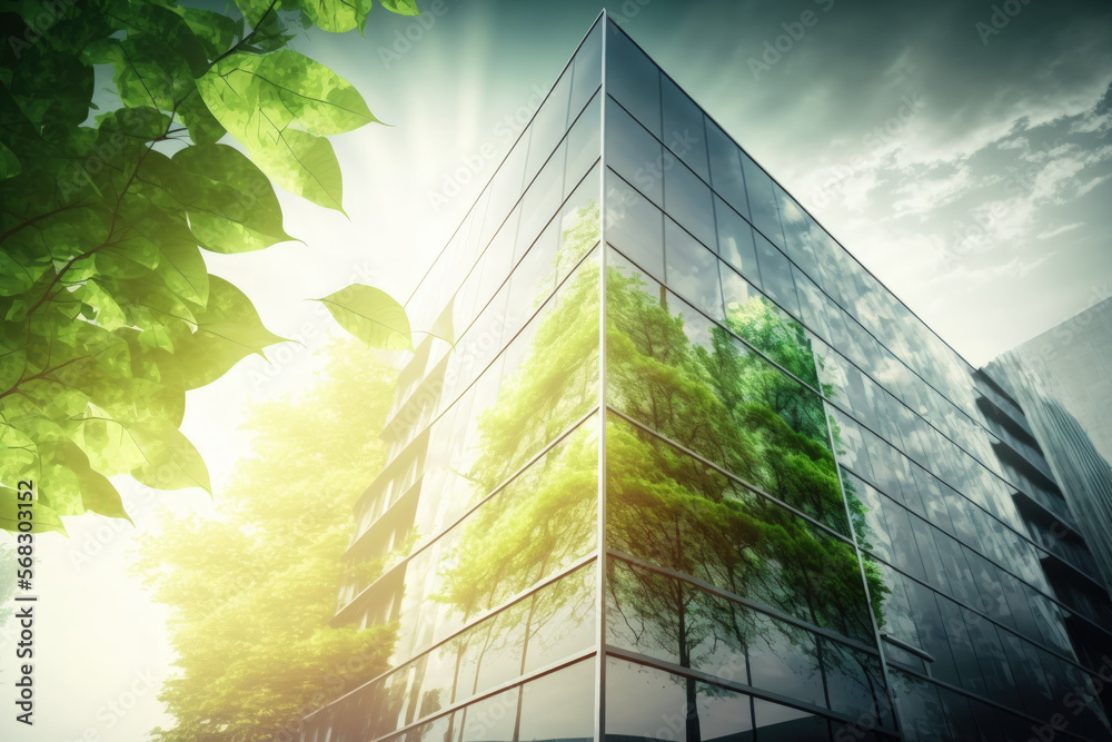 eco friendly construction in a contemporary metropolis. A sustainable glass building with green tree branches and leaves for lowering heat and carbon dioxide. Green workplace office building. Green li - obrazy, fototapety, plakaty 