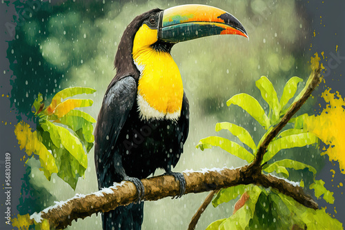 Open billed, Chesnut mandibled bird Toucan perched on a branch in a tropical downpour with a backdrop of lush vegetation. wildlife scene in the wild. Generative AI