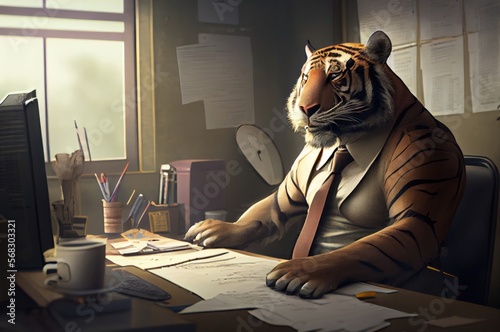 Tiger Employee At An Office Desk Generative AI photo