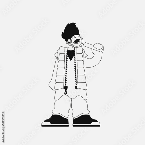 Charming man holds in his hands a magnifying glass, magnifier. Linear black and white style.