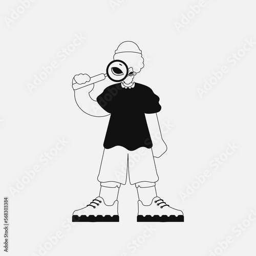 A unique man holds a magnifying glass, a magnifying glass in his hands. Linear black and white style.