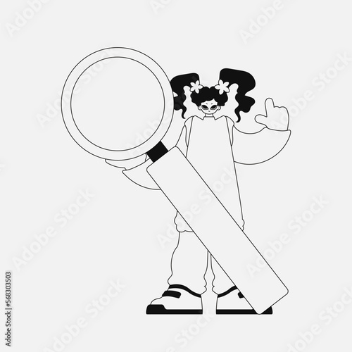 A stunning woman holds a magnifying glass, magnifier in her hands. Newspaper black and white style.
