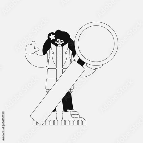 Charming woman is holding a magnifying glass, magnifier. Linear black and white style.