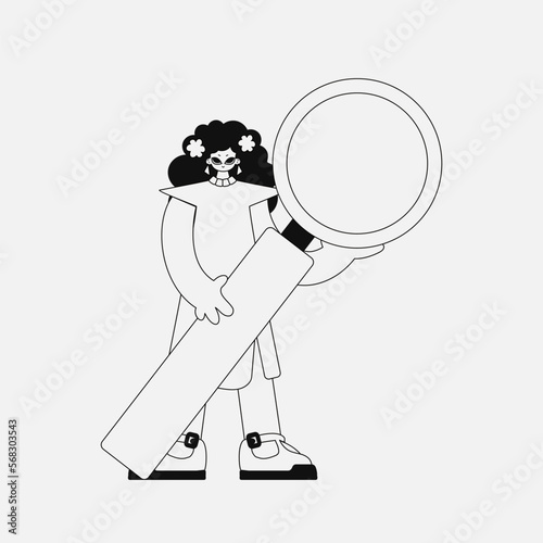 Charming woman holds in her hands a magnifying glass, magnifier. Linear black and white style.