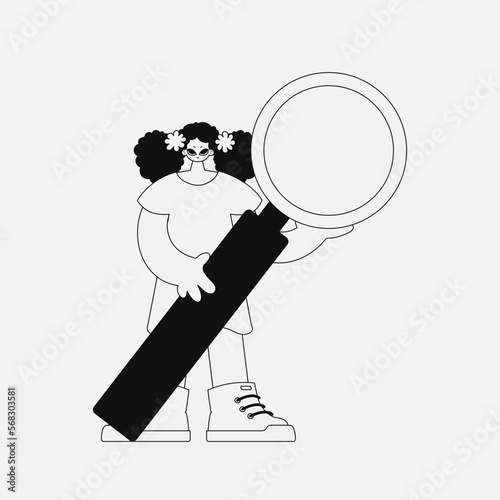 A unique woman is holding a magnifying glass, a loupe. Linear black and white style.
