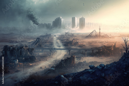 Death City shrouded in mist. View from above of the demolished city. Apocalyptic idea. Generative AI