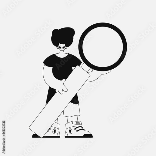 Inspirational man holding a magnifying glass, loupe. Newspaper black and white style.