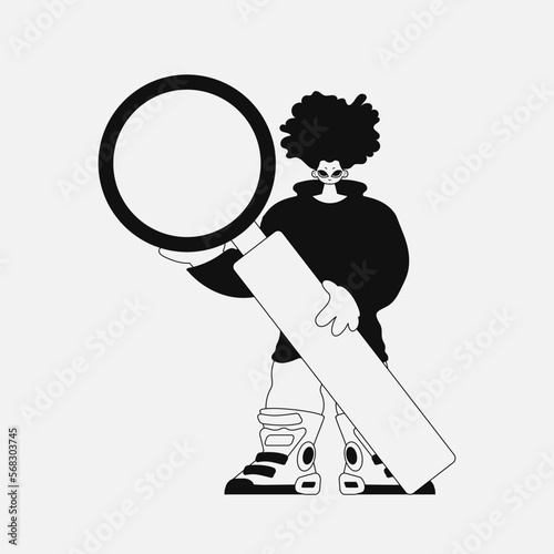 Inspirational man holds a magnifying glass, magnifier in his hands. Linear black and white style.