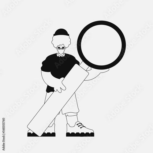 Inspirational man holds a magnifying glass, magnifier in his hands. Newspaper black and white style.