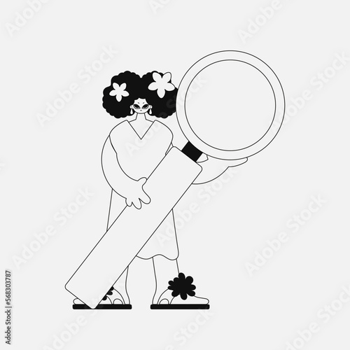A unique woman holds in her hands a magnifying glass, a loupe. Newspaper black and white style.