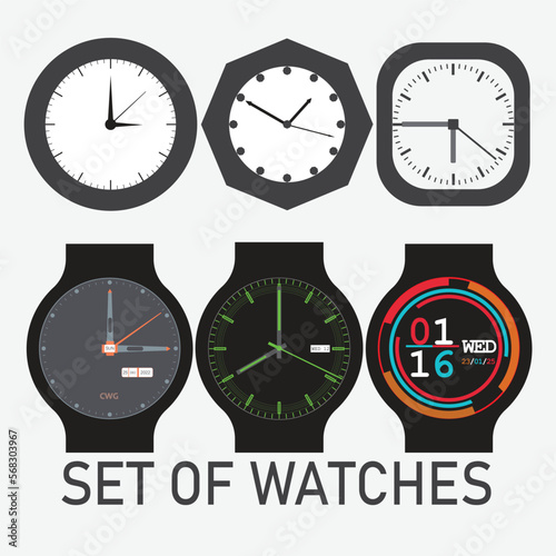Set of watches. Vector set of wall clock and wrist watches. Collections of watch faces. Watches collection isolated on white background.