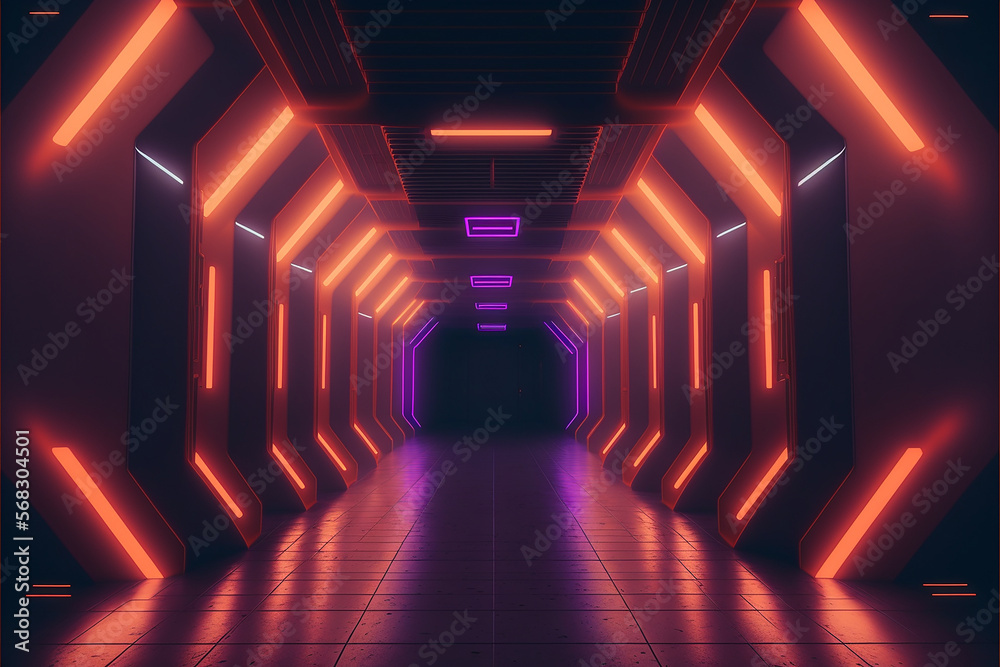 Neon, glowing, purple, orange, cyber, retro, Sci fi, futuristic, Concrete, Glossy, Grunge, tunnel, underground, corridor, hallway, basement, hangar, showcase, showroom, made with Generative AI