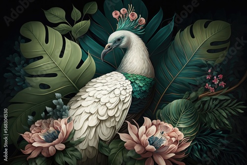 Obraz na płótnie Wallpaper tropical palm leaf branches and flowers with a white peacock bird