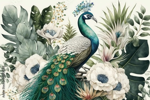 Fotografie Watercolor painting tropical palm leaf branches and flowers with a white peacock bird