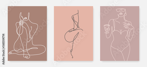 Line Art Set of 3 Minimalist Female Body Prints. Line Drawing Art with Woman Body for Bedroom, Living Room and Office Wall Decor. Female Figure Hand Draw Line Art Vector Design in Minimalist Style.