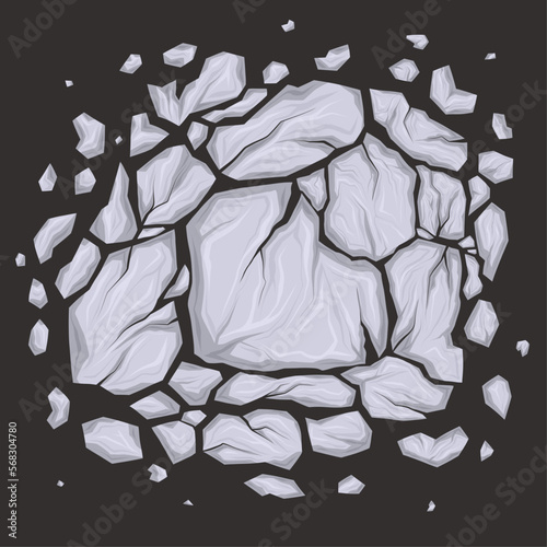 Vector illustration of broken marble stones. Cartoon clipart smashed white rocks and gravel with cracks on dark background.