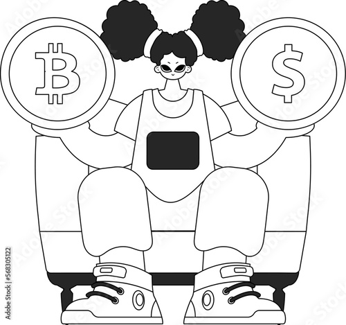 Charming woman holding bitcoin and dollar coin. Newspaper black and white style.