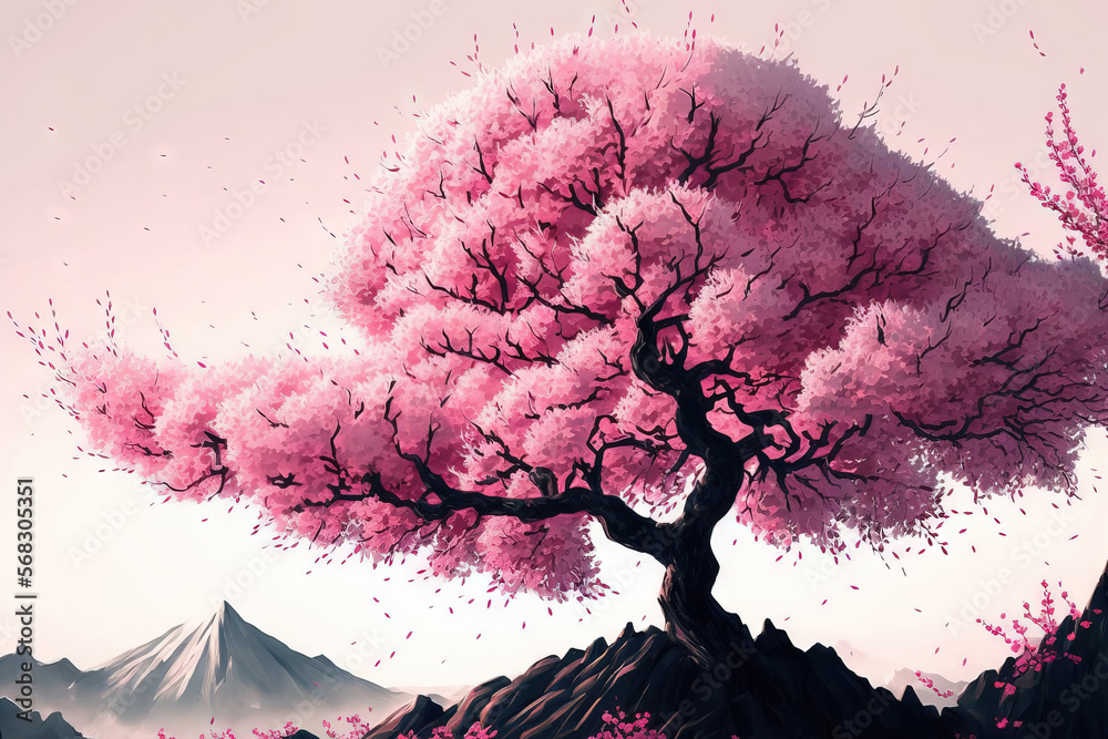 Sakura tree with pink cherry blossoms (cherry blossom, Japanese blossoming  cherry). Japanese flowers are best exemplified by sakura blossoms. a  significant portion of the winter pass. I cherish everyo Stock Illustration