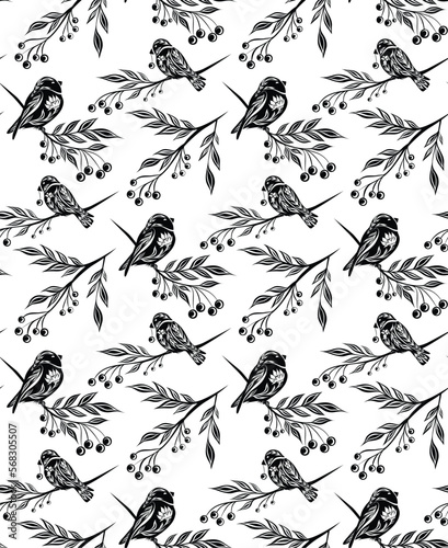 Monochrome seamless decorative pattern with birds and rowan berries on branches on white backdrop. Vector black tracery texture