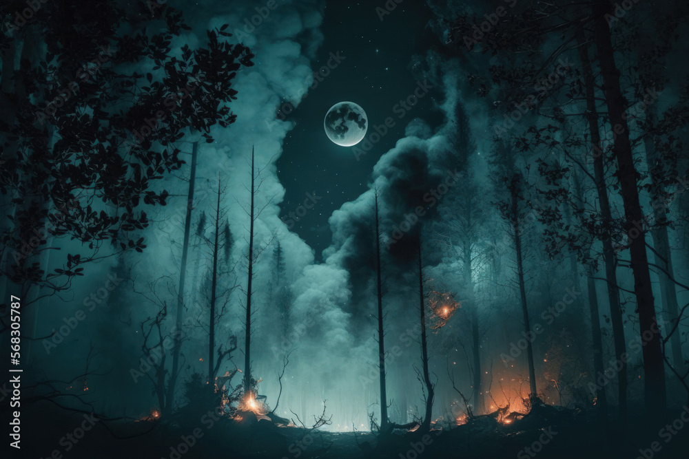 Obraz premium gloomy, dark forest. evening in the woods. Moonlight and a forest in a natural setting. View of the forest, the outdoors, and smoke and haze at night. Generative AI