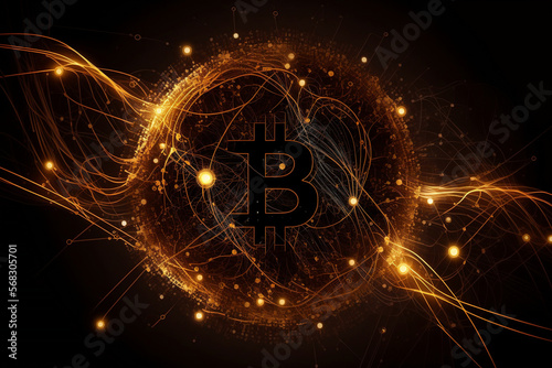 Shimmering Golden Bitcoin on a Networked Background  A Generative AI Creation