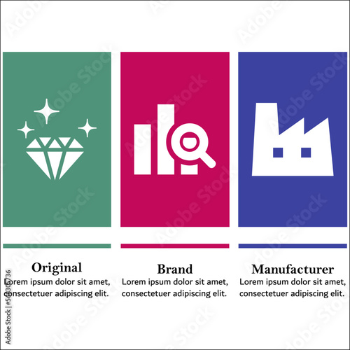 OBM - Original Brand Manufacturer Acronym. Infographic template with icons and description placeholder