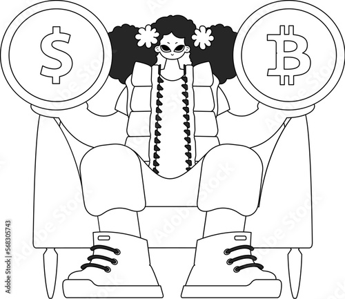 A stunning woman is holding a bitcoin and dollar coin. Linear black and white style.