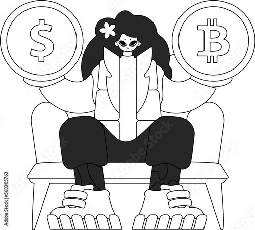 A stunning woman is holding a bitcoin and dollar coin. Newspaper black and white style.