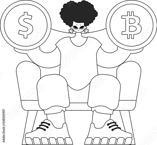 A beautiful woman is holding a coin of bitcoin and dollar. Linear black and white style.