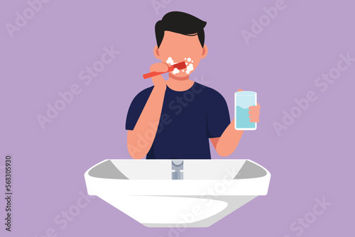Character flat drawing active man brushing teeth in sink. Routine habits every morning for cleanliness, health, freshness of mouth and teeth. Healthy teeth campaign. Cartoon design vector illustration