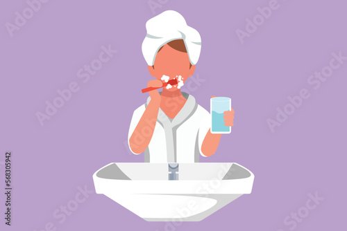 Graphic flat design drawing woman brushing teeth in sink. Routine habits every morning for cleanliness, health, freshness of mouth and teeth. Healthy teeth campaign. Cartoon style vector illustration