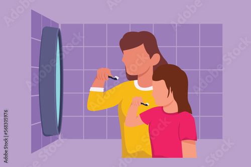Cartoon flat style drawing mother and daughter holding toothbrushes and brush their teeth while looking at mirror in bathroom. Habits for health of mouth and teeth. Graphic design vector illustration