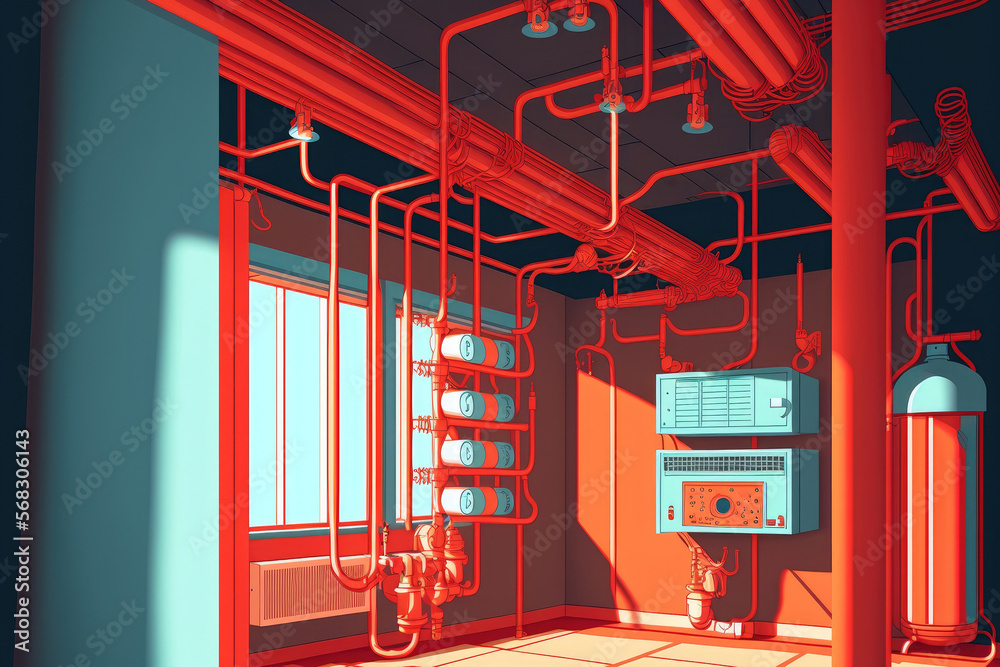 Fire Protection Animation Automatic fire sprinkler safety system and red water supply pipe. Fire ...