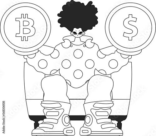 Inspirational man holding bitcoin and dollar coin. Newspaper black and white style.