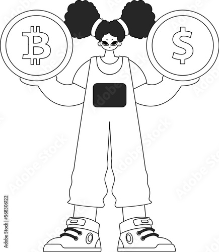 A beautiful woman is holding a coin of bitcoin and dollar. Newspaper black and white style.