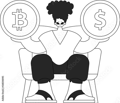 Inspirational man holding bitcoin and dollar coin. Linear newspaper black and white style.