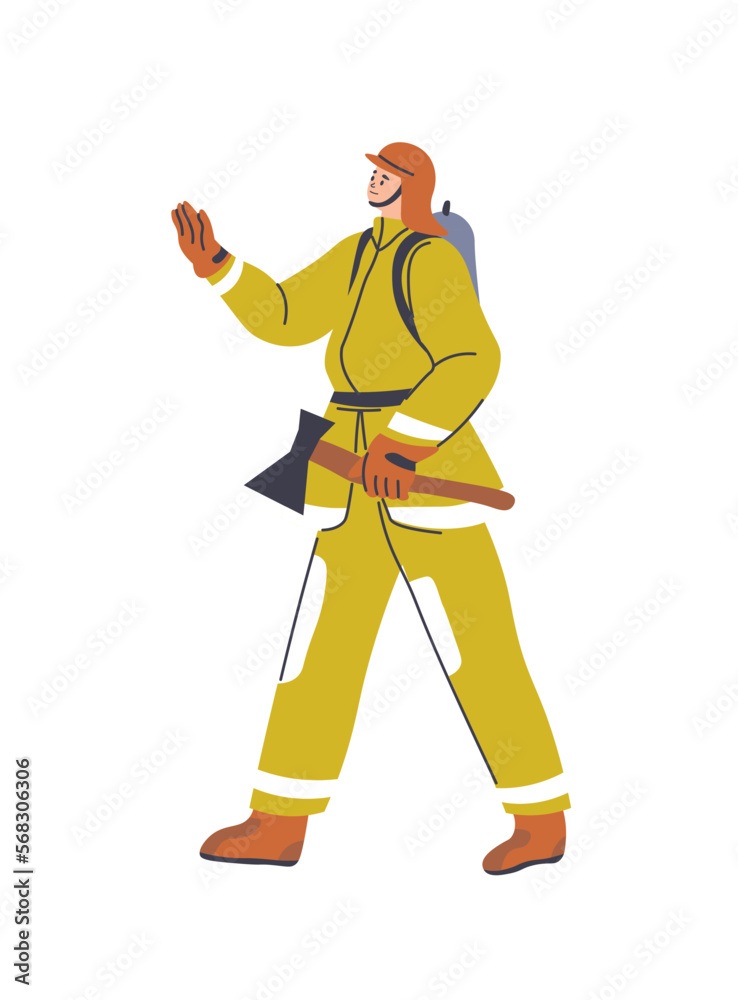 Firefighter with ax in hands, fireman with tool Firefighter with ax in hands, fireman with tool